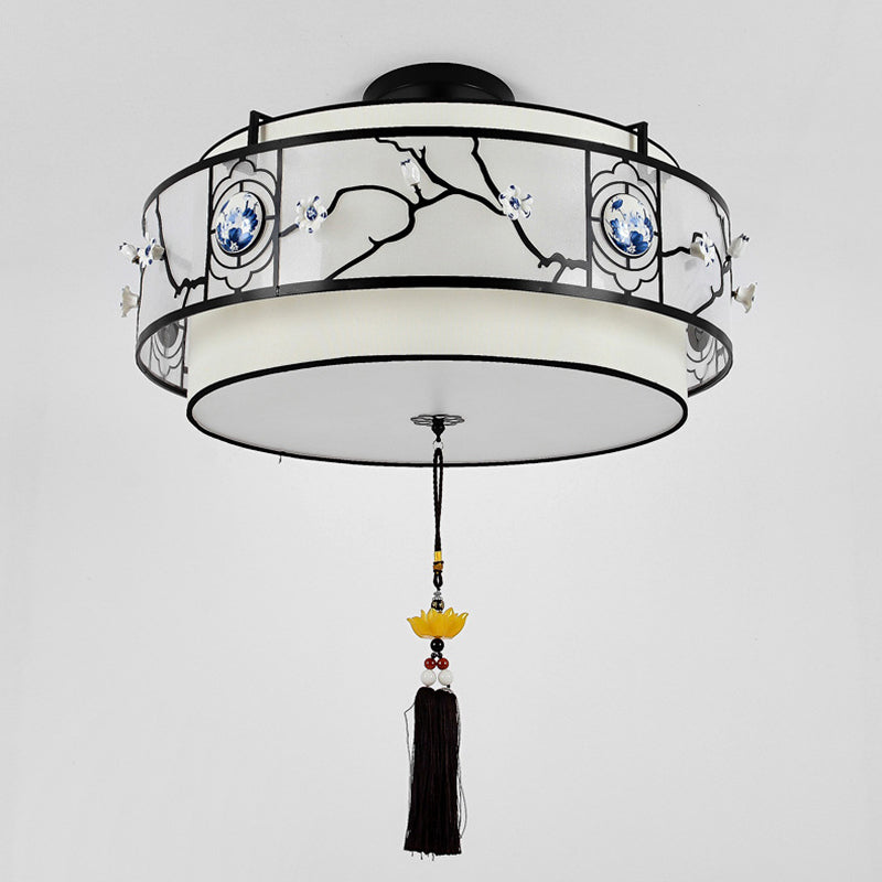Traditional Chinese Round Bamboo Patterned Fabric Iron 3-light Chandelier for Living Room BulbSquare
