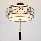 Traditional Chinese Round Bamboo Patterned Fabric Iron 3-light Chandelier for Living Room BulbSquare