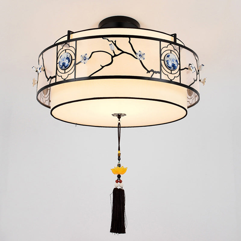 Traditional Chinese Round Bamboo Patterned Fabric Iron 3-light Chandelier for Living Room BulbSquare