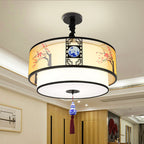 Traditional Chinese Round Bamboo Patterned Fabric Iron 3-light Chandelier for Living Room BulbSquare
