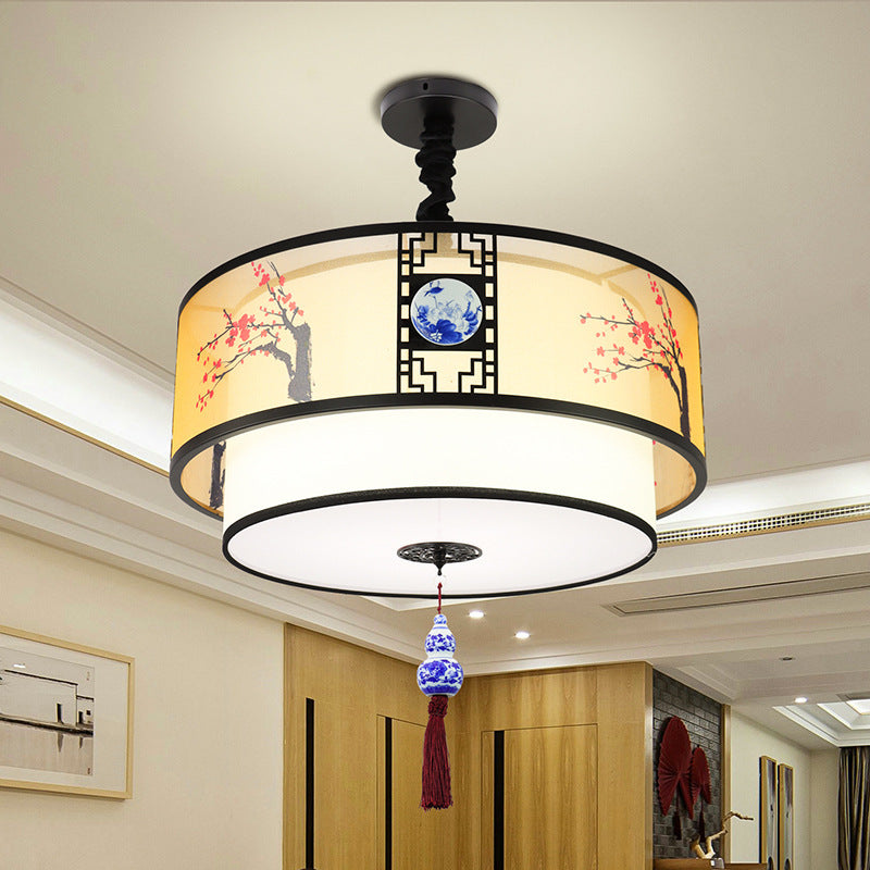 Traditional Chinese Round Bamboo Patterned Fabric Iron 3-light Chandelier for Living Room BulbSquare