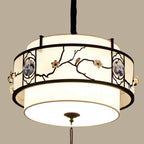 Traditional Chinese Round Bamboo Patterned Fabric Iron 3-light Chandelier for Living Room BulbSquare
