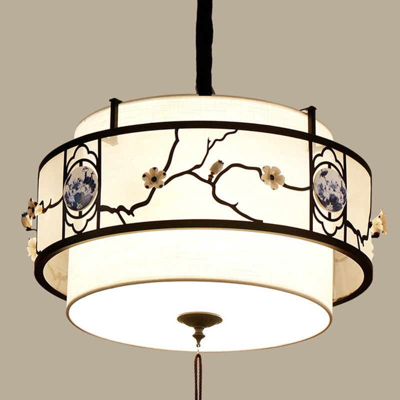 Traditional Chinese Round Bamboo Patterned Fabric Iron 3-light Chandelier for Living Room BulbSquare