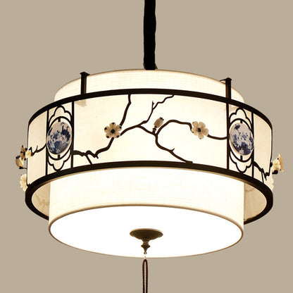 Traditional Chinese Round Bamboo Patterned Fabric Iron 3-light Chandelier for Living Room