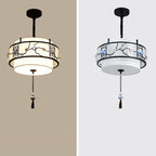Traditional Chinese Round Bamboo Patterned Fabric Iron 3-light Chandelier for Living Room BulbSquare