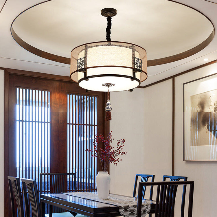 Traditional Chinese Round Bamboo Patterned Fabric Iron 3-light Chandelier for Living Room BulbSquare