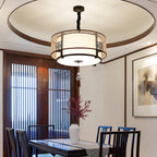 Traditional Chinese Round Bamboo Patterned Fabric Iron 3-light Chandelier for Living Room BulbSquare