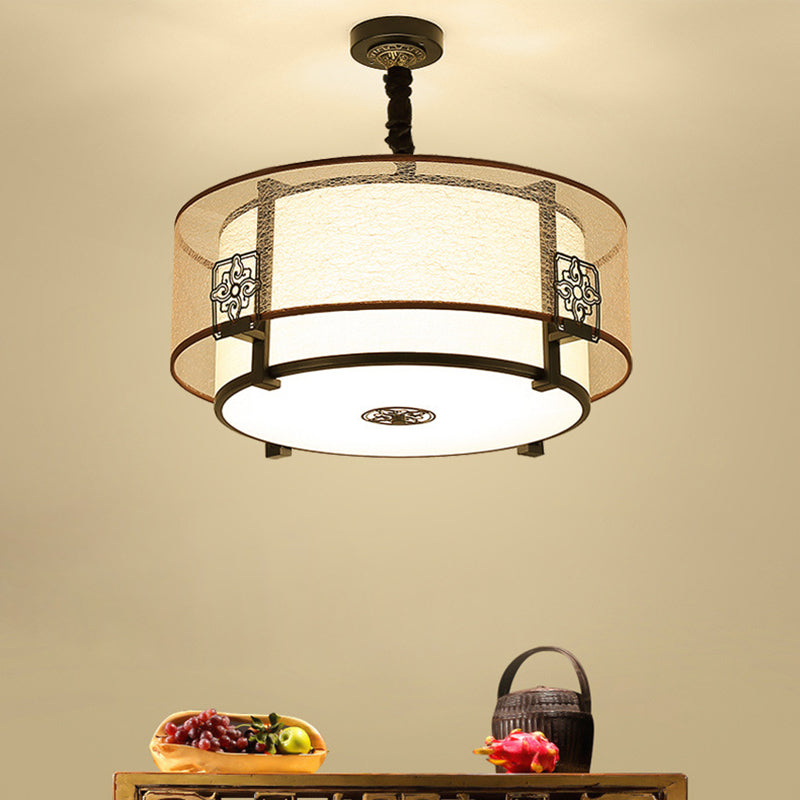 Traditional Chinese Round Bamboo Patterned Fabric Iron 3-light Chandelier for Living Room BulbSquare