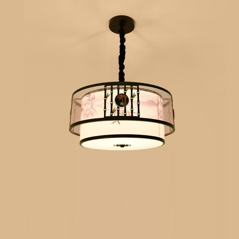 Traditional Chinese Round Bamboo Patterned Fabric Iron 3-light Chandelier for Living Room BulbSquare