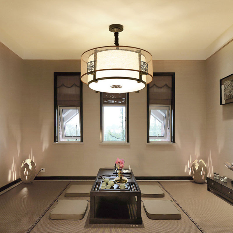 Traditional Chinese Round Bamboo Patterned Fabric Iron 3-light Chandelier for Living Room BulbSquare