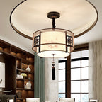 Traditional Chinese Round Bamboo Patterned Fabric Iron 3-light Chandelier for Living Room BulbSquare