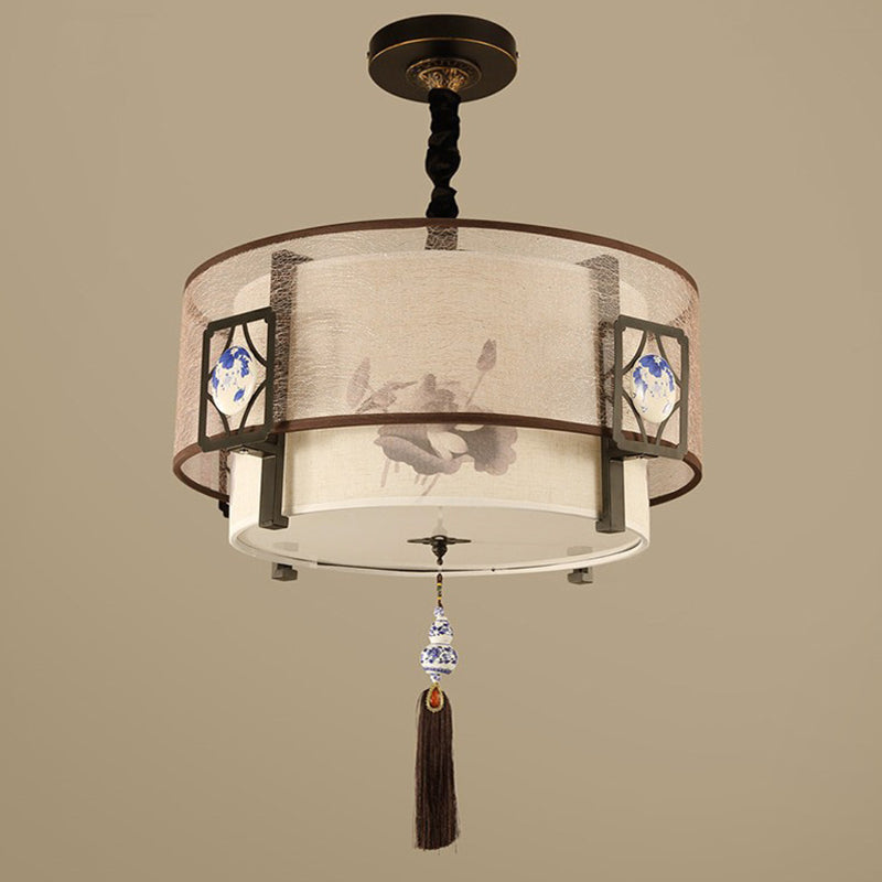 Traditional Chinese Round Bamboo Patterned Fabric Iron 3-light Chandelier for Living Room BulbSquare