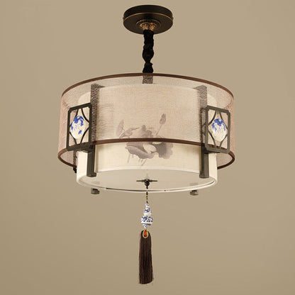 Traditional Chinese Round Bamboo Patterned Fabric Iron 3-light Chandelier for Living Room