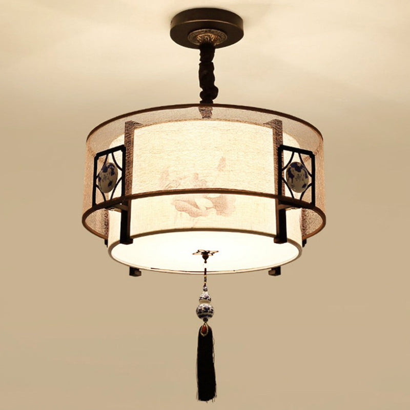 Traditional Chinese Round Bamboo Patterned Fabric Iron 3-light Chandelier for Living Room BulbSquare