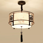 Traditional Chinese Round Bamboo Patterned Fabric Iron 3-light Chandelier for Living Room BulbSquare