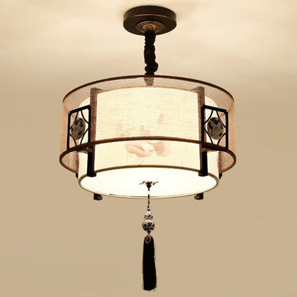 Traditional Chinese Round Bamboo Patterned Fabric Iron 3-light Chandelier for Living Room