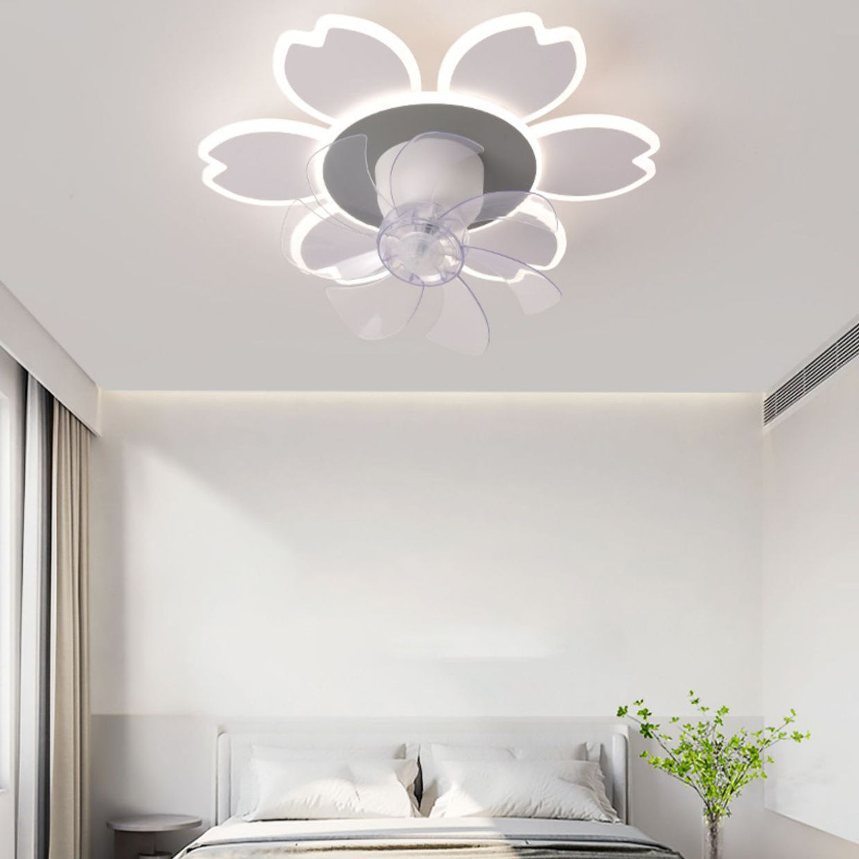 Modern Minimalist Flower Shape Round ABS Acrylic Iron LED Flush Mount Ceiling Fan Light For Bedroom