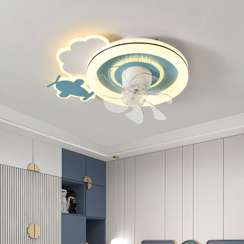 Modern Minimalist Clouds Airplanes Crowns Round ABS Iron Copper LED Flush Mount Ceiling Fan Light For Bedroom