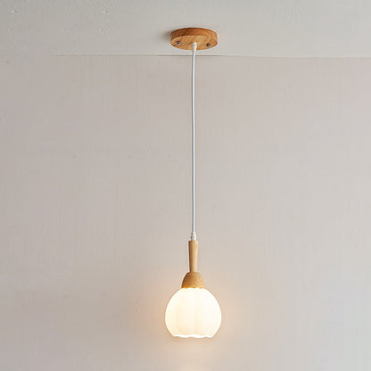 Traditional Japanese Orb Tapered Round Glass Wood 1-Light Pendant Light For Living Room
