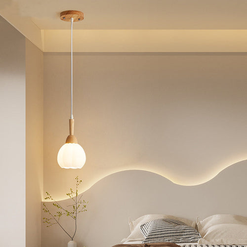 Traditional Japanese Orb Tapered Round Glass Wood 1-Light Pendant Light For Living Room