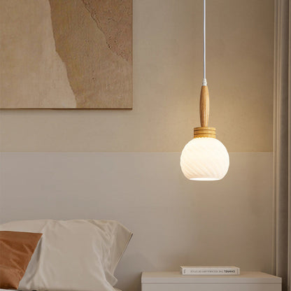 Traditional Japanese Orb Tapered Round Glass Wood 1-Light Pendant Light For Living Room