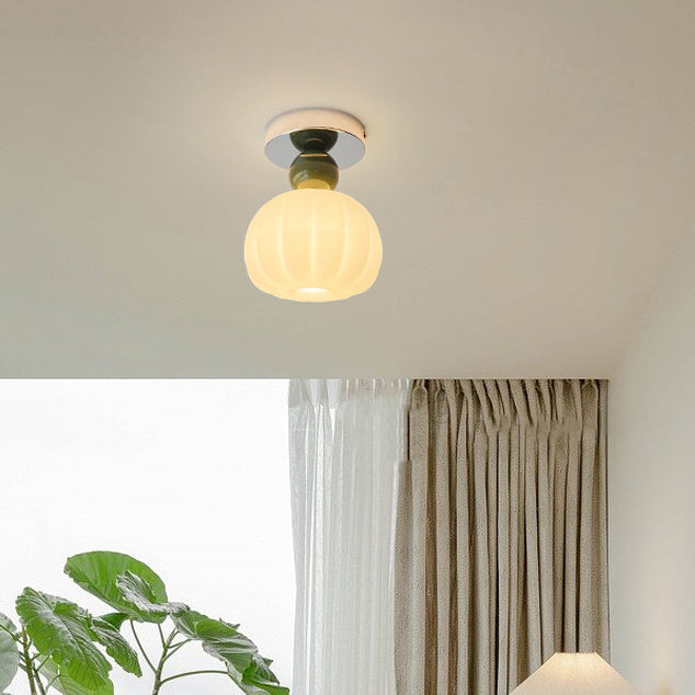 Traditional French Cream Pumpkin Round Acrylic Iron 1-Light Semi-Flush Mount Ceiling Light For Living Room