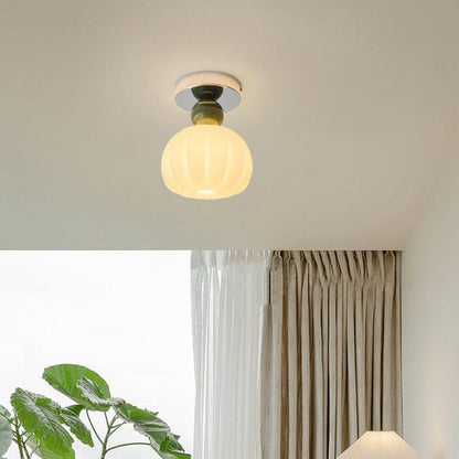 Traditional French Cream Pumpkin Round Acrylic Iron 1-Light Semi-Flush Mount Ceiling Light For Living Room