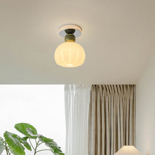 Traditional French Cream Pumpkin Round Acrylic Iron 1-Light Semi-Flush Mount Ceiling Light For Living Room