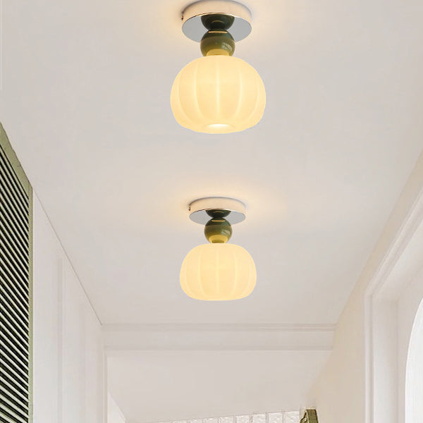 Traditional French Cream Pumpkin Round Acrylic Iron 1-Light Semi-Flush Mount Ceiling Light For Living Room
