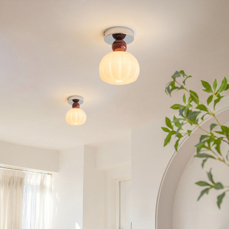 Traditional French Cream Pumpkin Round Acrylic Iron 1-Light Semi-Flush Mount Ceiling Light For Living Room