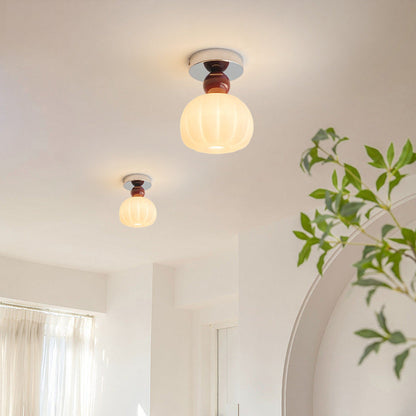 Traditional French Cream Pumpkin Round Acrylic Iron 1-Light Semi-Flush Mount Ceiling Light For Living Room