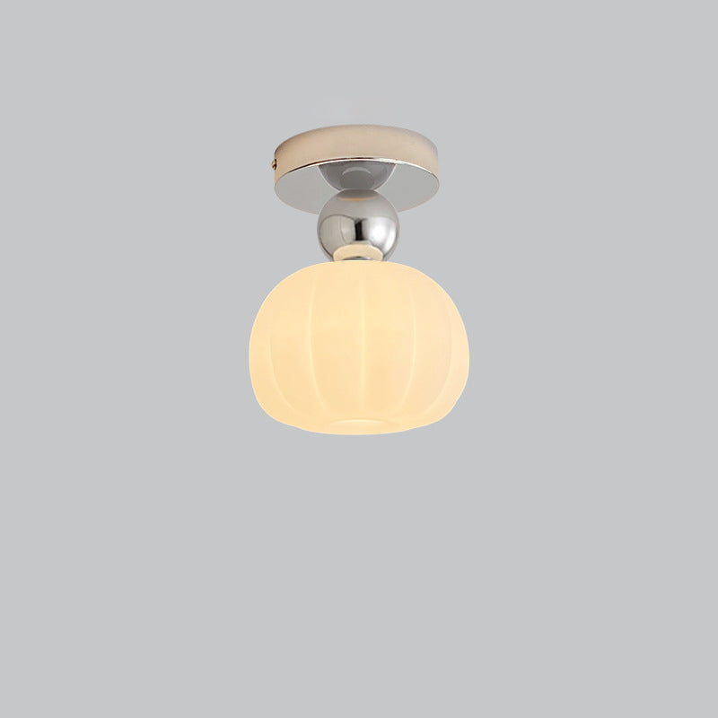 Traditional French Cream Pumpkin Round Acrylic Iron 1-Light Semi-Flush Mount Ceiling Light For Living Room