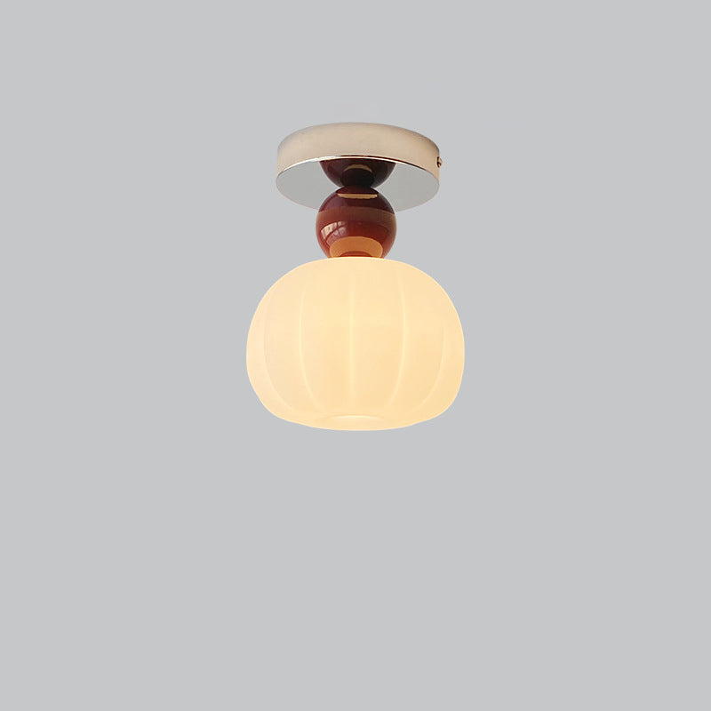 Traditional French Cream Pumpkin Round Acrylic Iron 1-Light Semi-Flush Mount Ceiling Light For Living Room