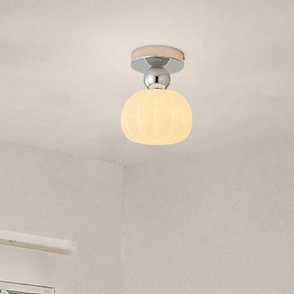 Traditional French Cream Pumpkin Round Acrylic Iron 1-Light Semi-Flush Mount Ceiling Light For Living Room
