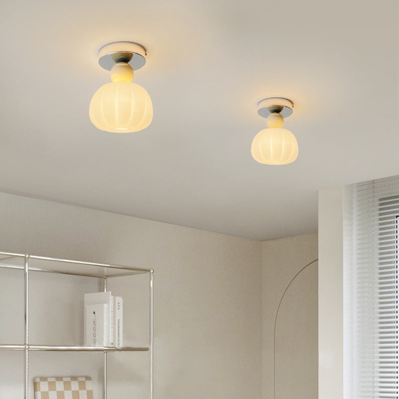 Traditional French Cream Pumpkin Round Acrylic Iron 1-Light Semi-Flush Mount Ceiling Light For Living Room