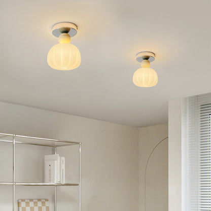 Traditional French Cream Pumpkin Round Acrylic Iron 1-Light Semi-Flush Mount Ceiling Light For Living Room