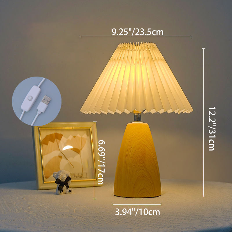 Traditional Vintage Scalloped Pleated Cone Fabric Wood LED Table Lamp For Living Room Lumendat