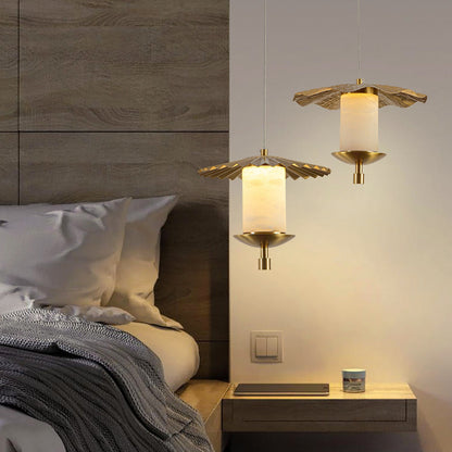 Modern Luxury Cylinder Umbrella Natural Marble Copper LED Pendant Light For Living Room