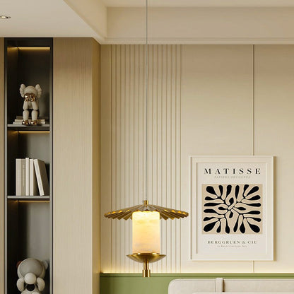 Modern Luxury Cylinder Umbrella Natural Marble Copper LED Pendant Light For Living Room
