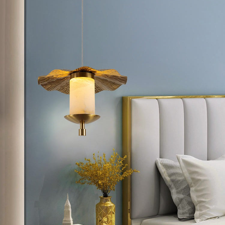 Modern Luxury Cylinder Umbrella Natural Marble Copper LED Pendant Light For Living Room
