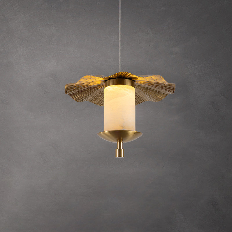 Modern Luxury Cylinder Umbrella Natural Marble Copper LED Pendant Light For Living Room