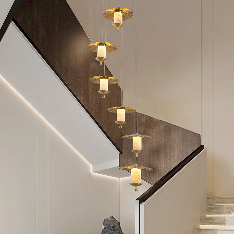Modern Luxury Cylinder Umbrella Natural Marble Copper LED Pendant Light For Living Room