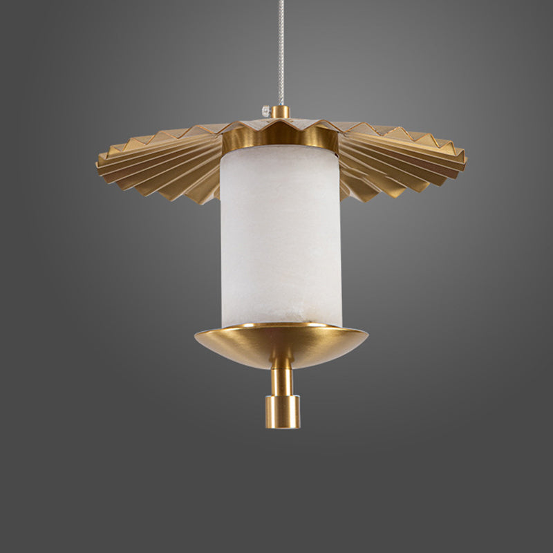 Modern Luxury Cylinder Umbrella Natural Marble Copper LED Pendant Light For Living Room