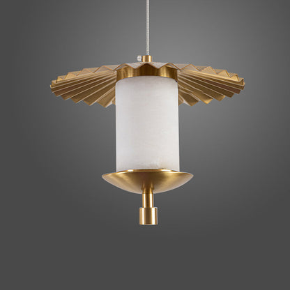 Modern Luxury Cylinder Umbrella Natural Marble Copper LED Pendant Light For Living Room