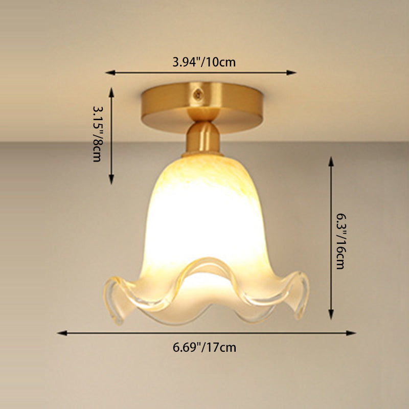 Traditional French Floral Round Glass Copper 1-Light Semi-Flush Mount Ceiling Light For Living Room