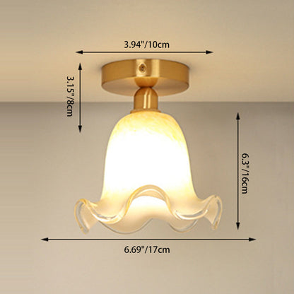 Traditional French Floral Round Glass Copper 1-Light Semi-Flush Mount Ceiling Light For Living Room