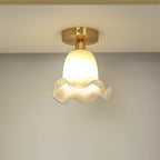 Traditional French Floral Round Glass Copper 1-Light Semi-Flush Mount Ceiling Light For Living Room