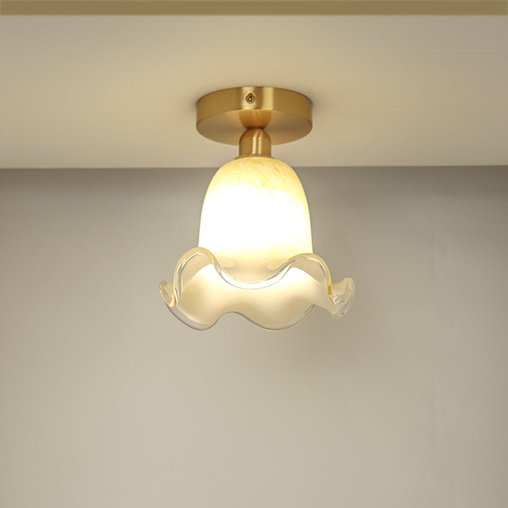 Traditional French Floral Round Glass Copper 1-Light Semi-Flush Mount Ceiling Light For Living Room