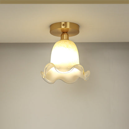 Traditional French Floral Round Glass Copper 1-Light Semi-Flush Mount Ceiling Light For Living Room
