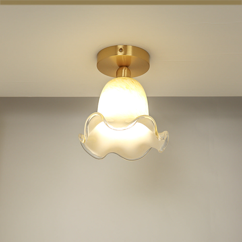 Traditional French Floral Round Glass Copper 1-Light Semi-Flush Mount Ceiling Light For Living Room